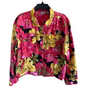Chico’s Floral Print Jacket Button Front Lightweight Linen Blend Size 3/XL